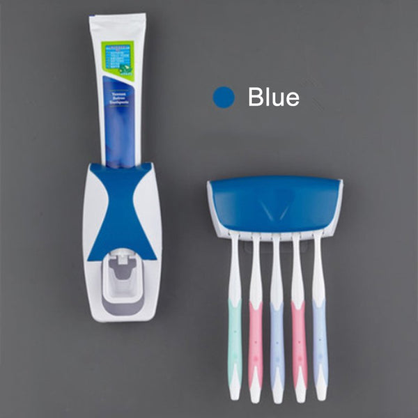 Wall Mounted Plastic Automatic Hands Free Toothpaste Dispenser Toothpaste Squeezer Dispenser with Detachable 5 Hole Toothbrush Holder