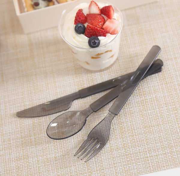 high quality translucent black food grade plastic spoon,extra thick knife and fork,party picnic tableware 10pcs